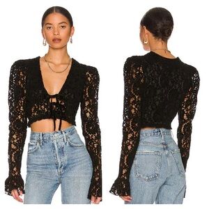 Majorelle Alivia Black Lace Velvet Cropped Long Sleeve Top Size Small